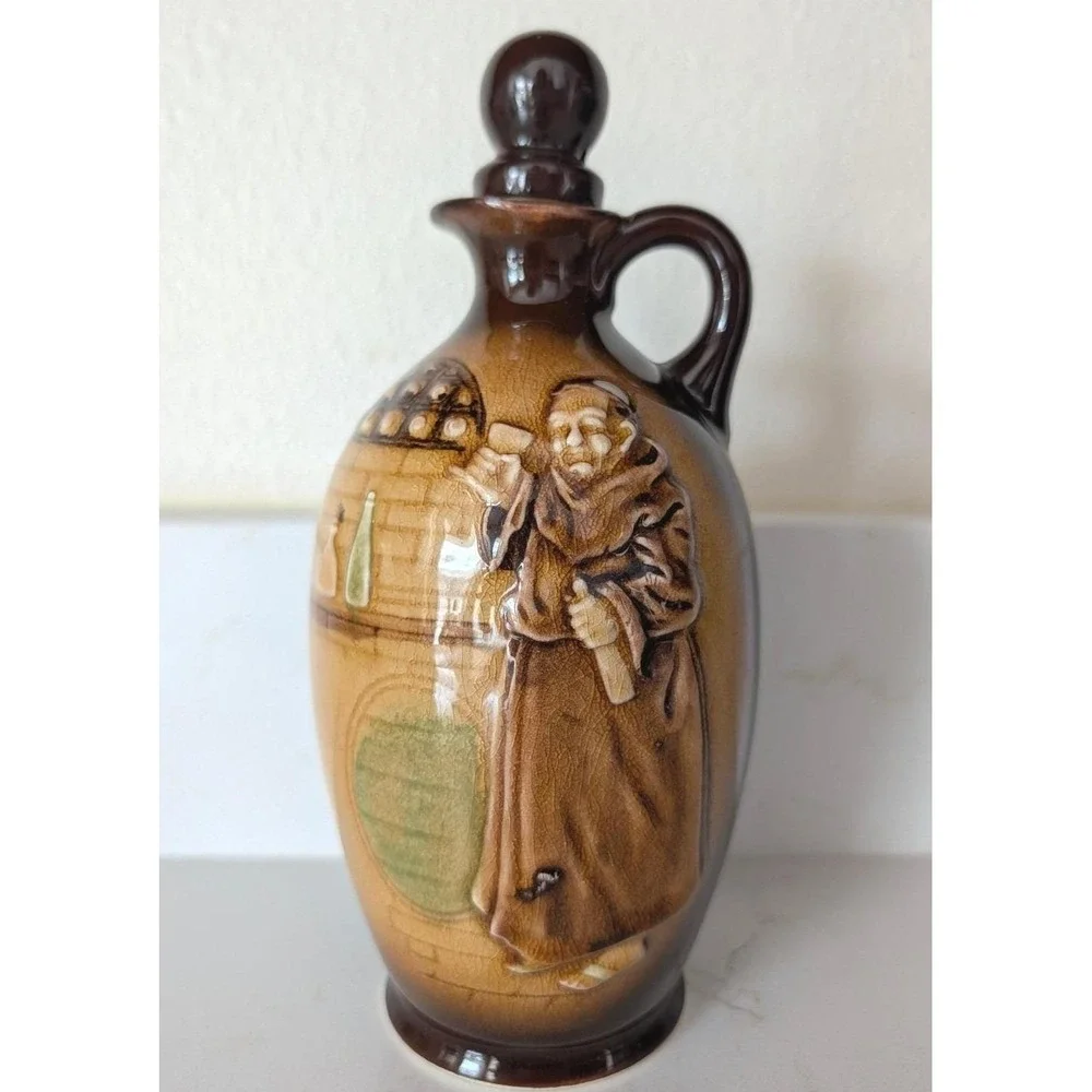 Vintage Monk Ceramic Decanter Brown Ombre Glaze Relief 3D Design with Stopper